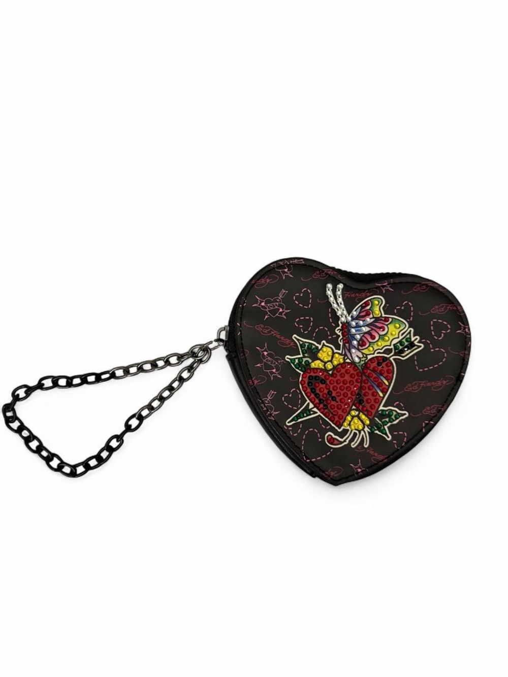 Ed Hardy Heart-Shaped Black Wristlet with Colorful Heart Motif